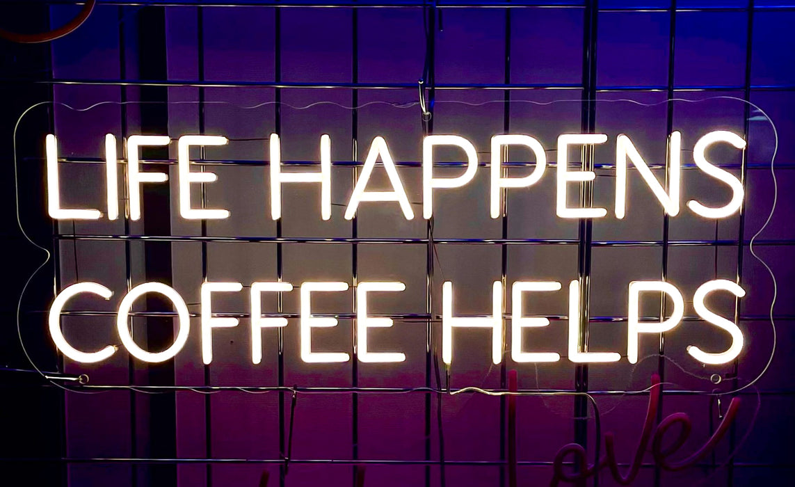 'Life Happens Coffee Helps' Neon Sign (Next Day Delivery)